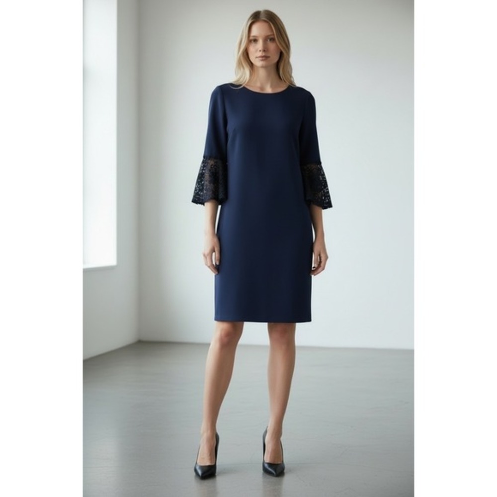 Hope & Harlow Dress Womens 14 Navy Blue Lace Bell Sleeve Shift Knee Length